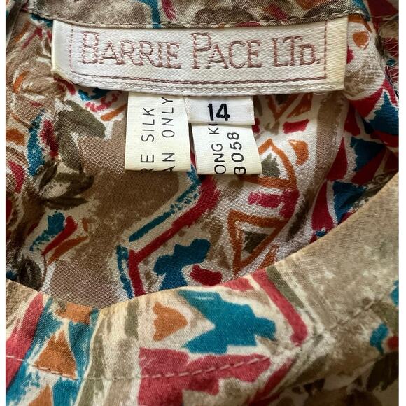 Retro Luxe Boho Silk Blouse 14 Tribal Floral Print Shoulder Pads Barrie Pace - Picture 5 of 5